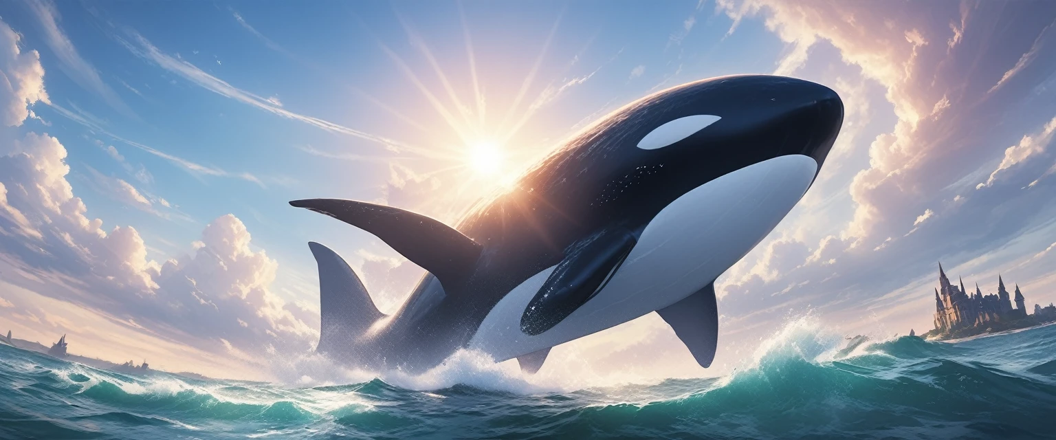 a digital paining of whale (flying over a castle: 1.3) in the middle of the sea, a giant whale an (epic killer whale: 1.3), (anatomically correct: 1.3) flying over a fantasy (castle at sea: 1.2), the castle is big with towers and turrets, its a wavy sea, its a sunny day, sun rays, Ultra-high resolution, High Contrast, (masterpiece:1.5), highest quality, Best aesthetics), 16K fantasy art, best details, best quality, highres, (ultra wide angle: 1.2), 16k, [ultra detailed], masterpiece, best quality, (extremely detailed), magical sky, digital paintin