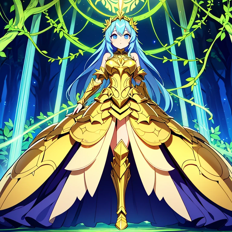 Full body, beautiful eyes , 1 girl , full body , cute girl , anime style , cute eyes , (standing up) , ( Forbiddenra's Armored Form features a suit of elegant, organic armor made of intertwined vines and leaves reinforced with a mystical, glowing material. The armor covers its shoulders, chest, and limbs, providing both protection and an imposing look. The luminescent fruits in its hair glow brighter, and its gown is now interwoven with resilient, shimmering threads, giving it a majestic and formidable appearance.), golden armor , human girl , full body armor , armor , armored girl