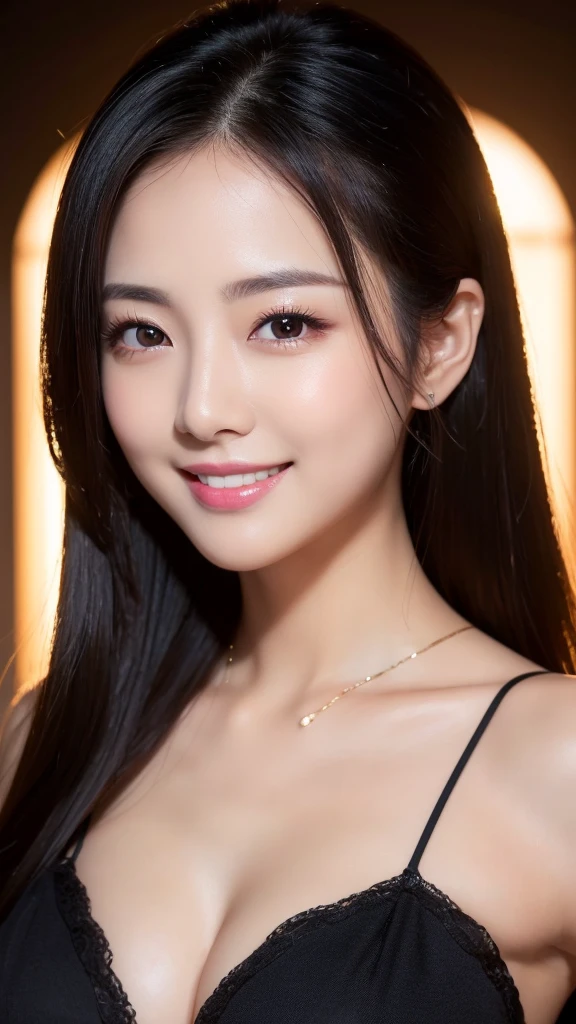 (Super beautiful woman)、((highest quality、8K masterpiece:1.3))、sharp focus:1.2、(super beautiful face:1.0)、(shiny skin:1.0)、realistic pictures、black hair、video lighting、High resolution eyes and face、video lighting、japanese actress、from the front、with a happy smile、whole body、