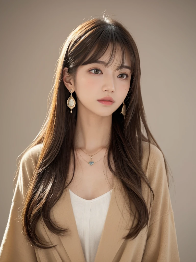 ((Highest quality, 8k, masterpiece:1.3)), concentrate: 1.2, Perfect body beauty: 1.4, Hips: 1.2, ((Long Hair, chest: 1.2)), (Dry clothes: 1.1) , (clear, Simple Background:1.3), Simple clothes: 1.1, Highly detailed face and skin texture,Delicate eyes, double eyelid, Whitened skin, Rough skin、Long Hair、Earrings with bangs、necklace、 solo、Beige coat、White shirt, (((Beautiful girl with cute Japan)))、 ((Beautiful Japanese girl 20 years old))、 ((Baby Face))、 (((Slender body)))、 Upper Body,Face focus、necklace,Simple Background,From above, Realistic Hair、 A photograph was taken:Canon EOS R6、135mm、1/1250 seconds、f2.8、ISO400、(Detailed explanation of the hand)、(Masseter muscle area)、(Exquisite CG)、Long Hair, loose and curly hair、Korean Hair、Long Hair明るいベージュ色、グラデーションハイライトグレージュのゆるふわLong Hairスタイル、