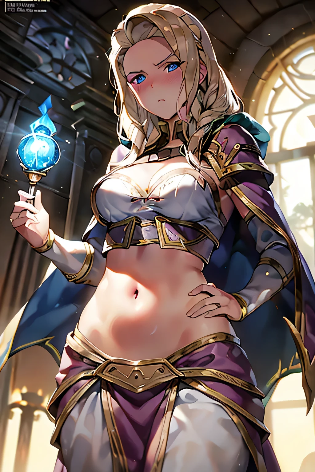 super fine illustration, vibrant colors, masterpiece, sharp focus, best quality, depth of field, cinematic lighting, ultra detailed, 1girl, solo, blush, annoyed, bellybutton, navel , midriff, stomach, hips, waist cloth, long sleeves, armor, world of warcraft, jaina proudmoore, looking down, wowjaina, blonde hair, purple cloak, , jainaproudmoore, casting magic