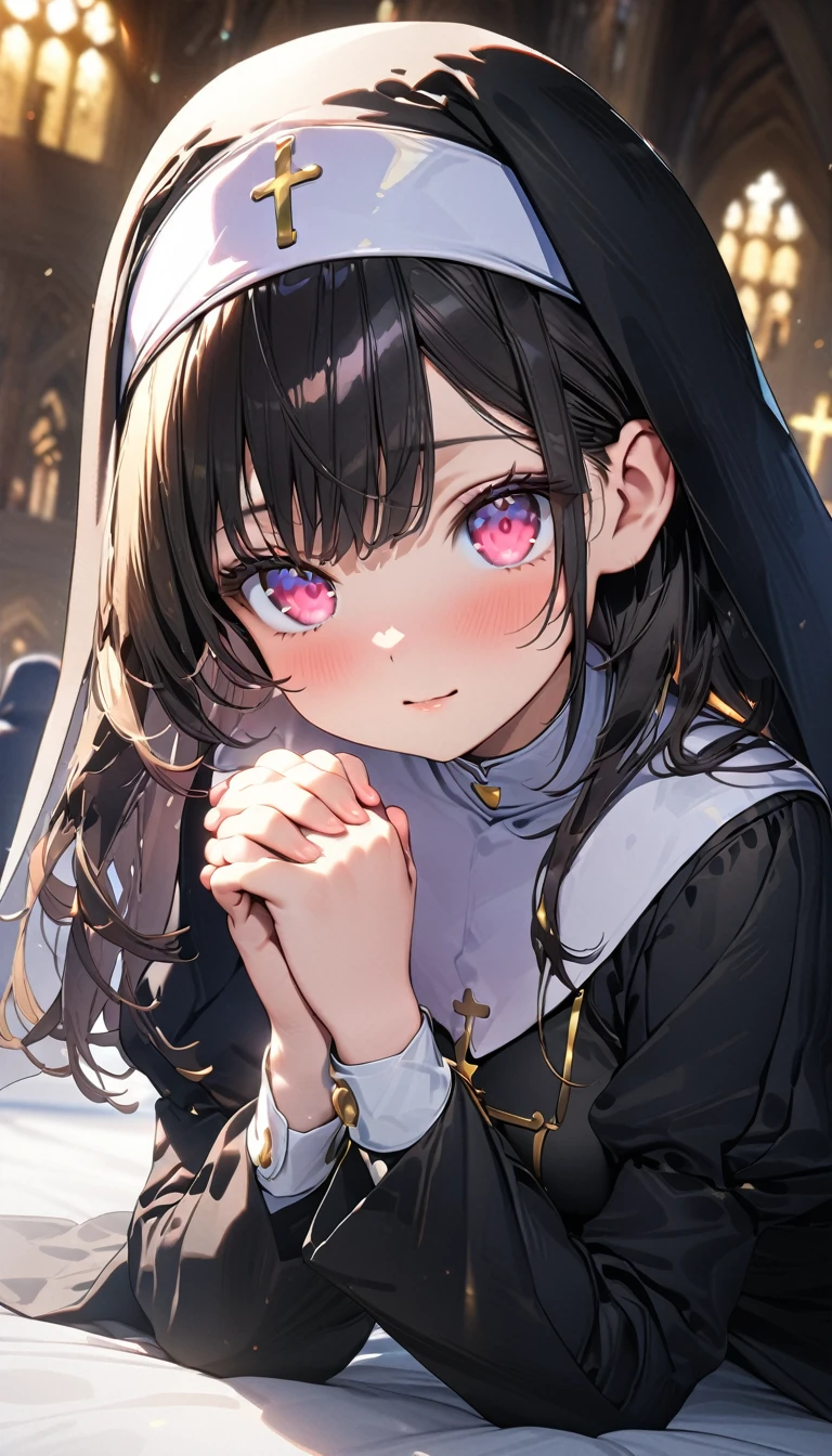 (Best quality, 8k, 32k, Masterpiece, UHD,:1.2),RAW, 1girl,ultra cute , natural lighting,transparent shining eyes, 20yo,medium breast ,fair complexion ,flushed face, nun cassock clothing, praying, kneeling, Church background