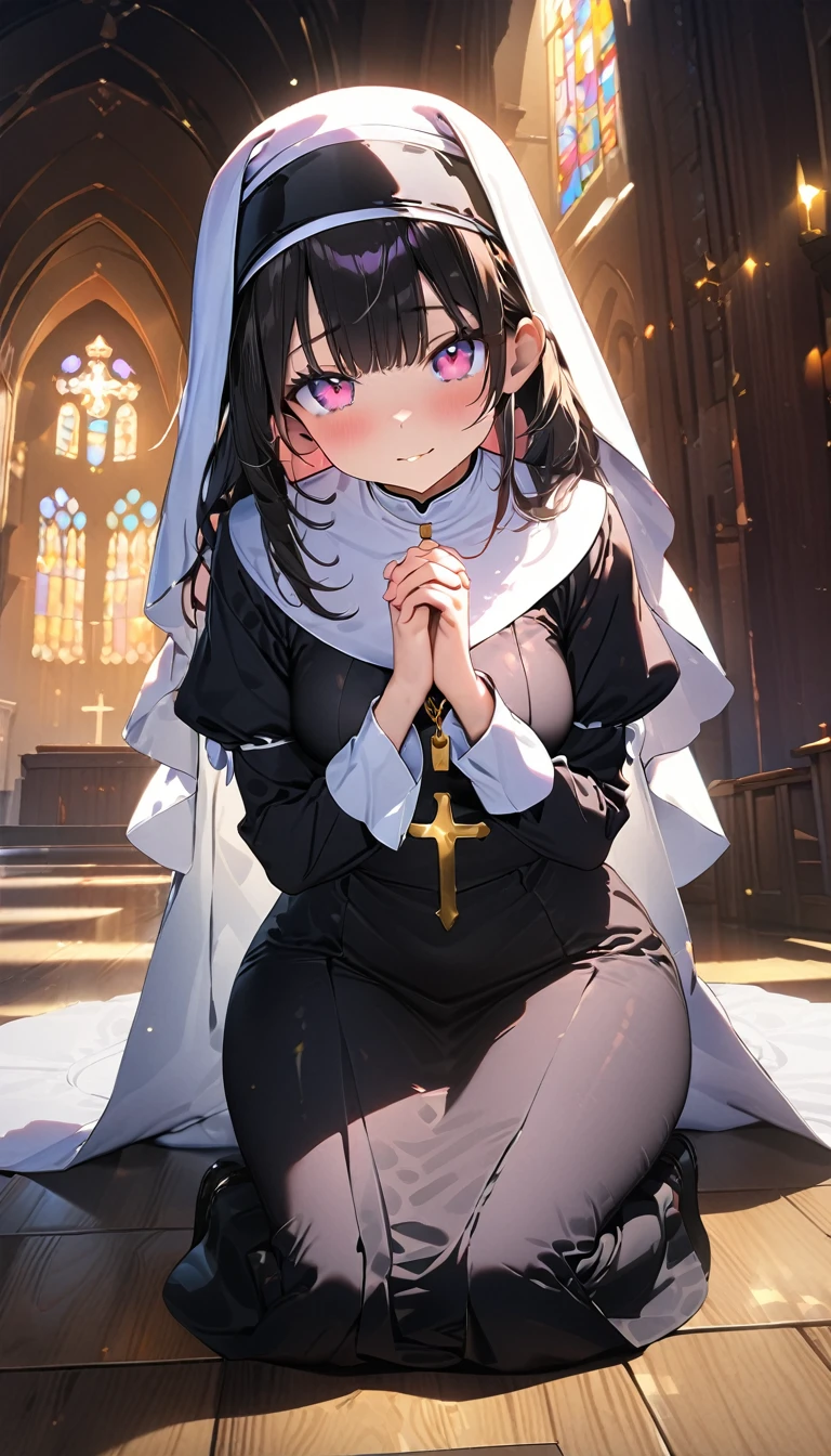 (Best quality, 8k, 32k, Masterpiece, UHD,:1.2),RAW, 1girl,ultra cute , natural lighting,transparent shining eyes, 20yo,medium breast ,fair complexion ,flushed face, nun cassock clothing, praying, kneeling, Church background