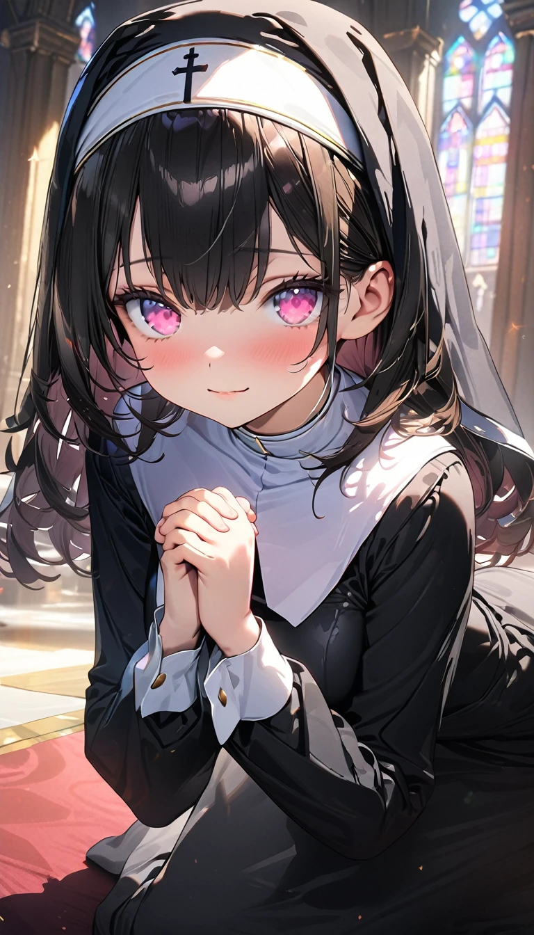 (Best quality, 8k, 32k, Masterpiece, UHD,:1.2),RAW, 1girl,ultra cute , natural lighting,transparent shining eyes, 20yo,medium breast ,fair complexion ,flushed face, nun cassock clothing, praying, kneeling, Church background