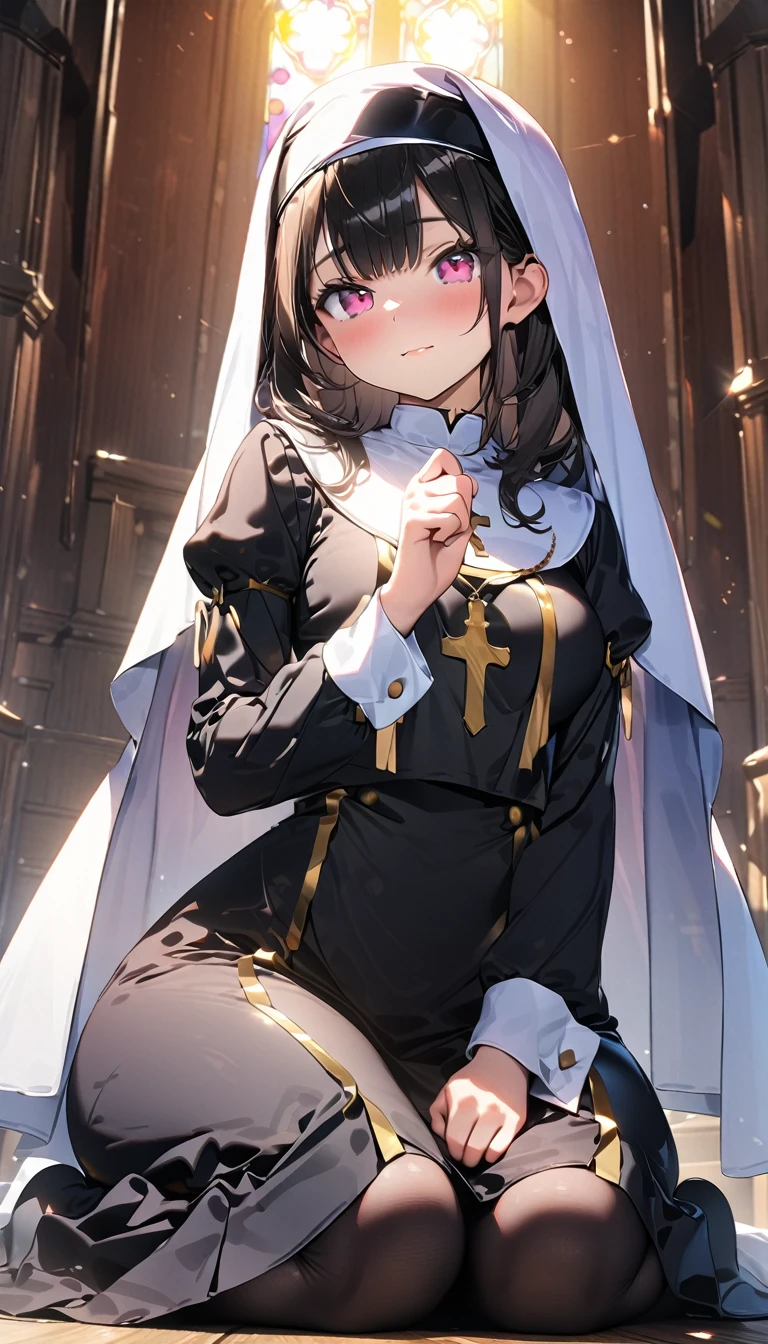 (Best quality, 8k, 32k, Masterpiece, UHD,:1.2),RAW, 1girl,ultra cute , natural lighting,transparent shining eyes, 20yo,medium breast ,fair complexion ,flushed face, nun cassock clothing, praying, kneeling, Church background
