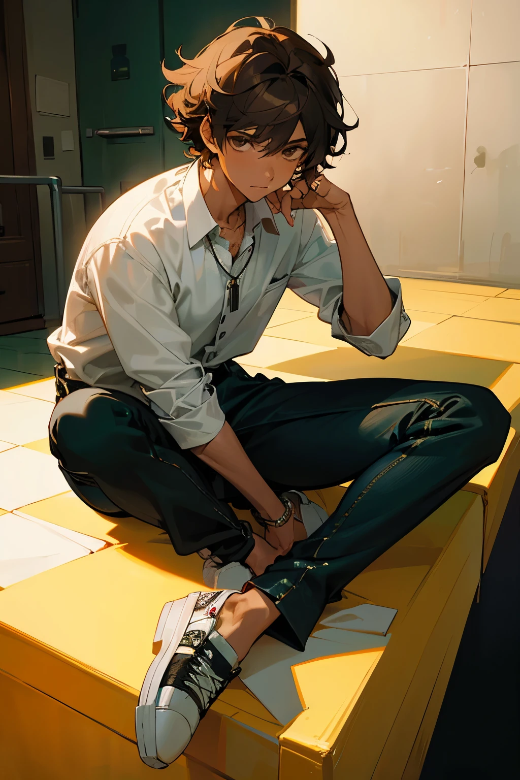 a young adult male that had brown curly hair with fade on the side and slightly tanned skin, a lean build and wearing a white button up shirt with rolled up sleeves, black jeans, silver necklace along his neck, statement rings on fingers, green adidas sambas shoes