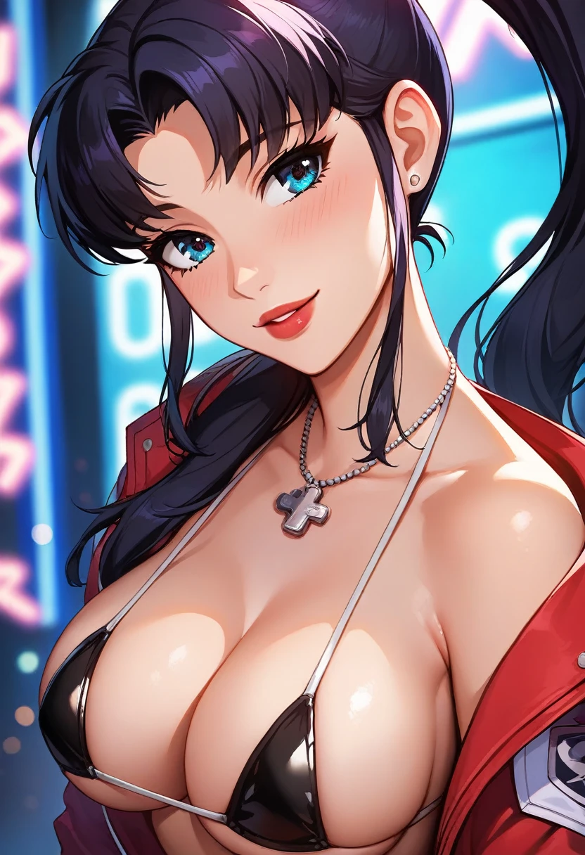 score_9, score_8_up, score_7_up, score_6_up, score_5_up, score_4_up, 1girl, Misato Katsuragi BREAK (close up shot, upper body:1.2), view from front, facing viewer, closeup of face, seductive look BREAK (wearing black micro bikini), (long black hair), ponytail, bright detailed blue eyes, (big eyes, well opened eyes), (large breasts), cleavage, arched back, standing, tiny waist, (flat stomach), athletic BREAK neo tokyo well lit highrise building, filled with neon signs, well lit by red neon lights, translucid, fine red lips, pinup pose BREAK official art, masterpiece, (source_anime, cel-shaded)
