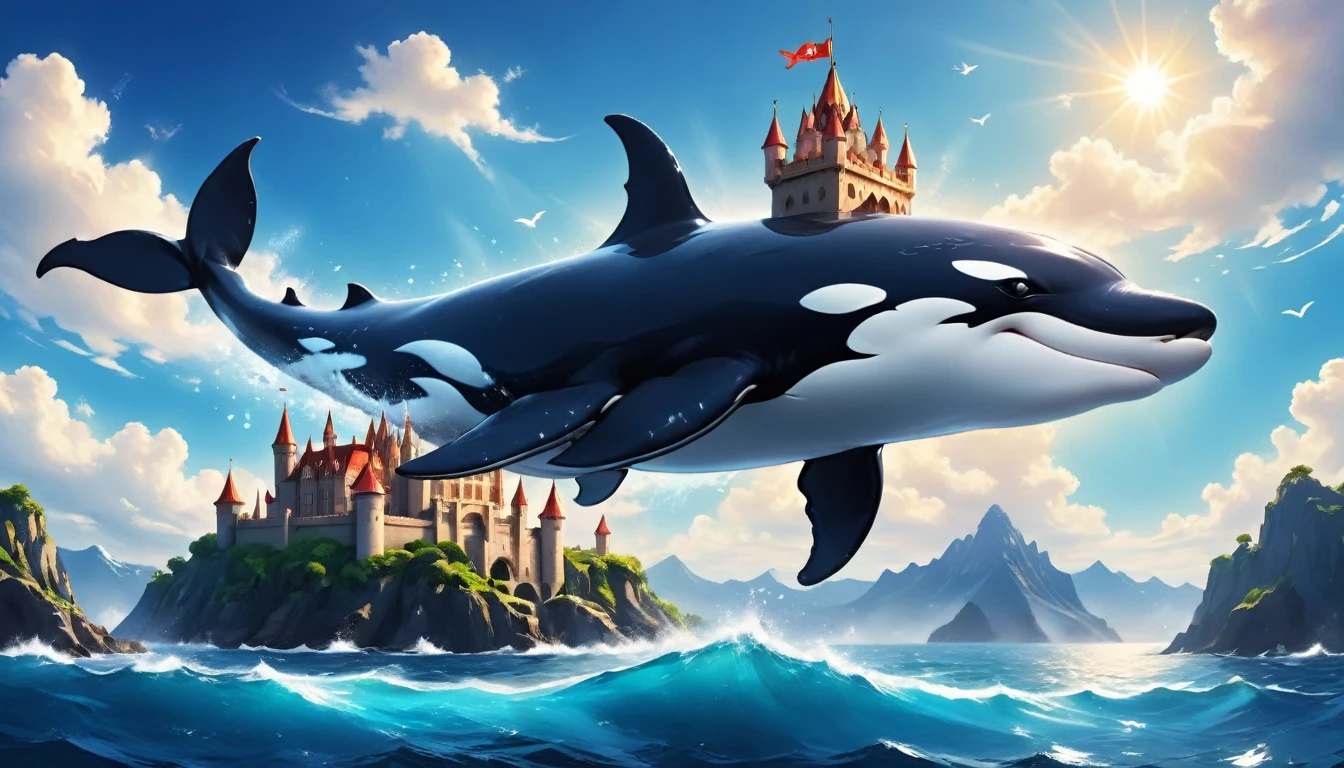 a digital paining of whale (flying over a castle: 1.3) in the middle of the sea, a giant whale an (epic killer whale: 1.3), (anatomically correct: 1.3) flying over a fantasy (castle at sea: 1.2), the castle is big with towers and turrets, its a wavy sea, its a sunny day, sun rays, Ultra-high resolution, High Contrast, (masterpiece:1.5), highest quality, Best aesthetics), 16K fantasy art, best details, best quality, highres, (ultra wide angle: 1.2), 16k, [ultra detailed], masterpiece, best quality, (extremely detailed),  magical sky, digital painting