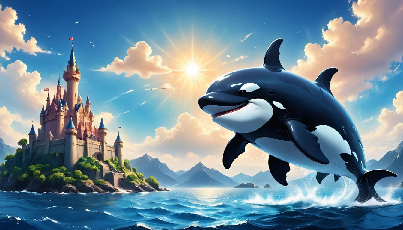 a digital paining of whale (flying over a castle: 1.3) in the middle of the sea, a giant whale an (epic killer whale: 1.3), (anatomically correct: 1.3) flying over a fantasy (castle at sea: 1.2), the castle is big with towers and turrets, its a wavy sea, its a sunny day, sun rays, Ultra-high resolution, High Contrast, (masterpiece:1.5), highest quality, Best aesthetics), 16K fantasy art, best details, best quality, highres, (ultra wide angle: 1.2), 16k, [ultra detailed], masterpiece, best quality, (extremely detailed),  magical sky, digital painting