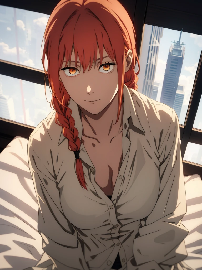 hand \(Chainsaw Man\),, One Girl, only, sit, Redhead, Long braided hair, Golden Eyes,(( show off breast )), Mid-chest, Open white shirt, Perfect collarbone, （White lace panties）, (just:1.2), look up , (close:1.3), , Upper Body, Highest quality, Glowing Skin, Highest quality, High resolution, , bed