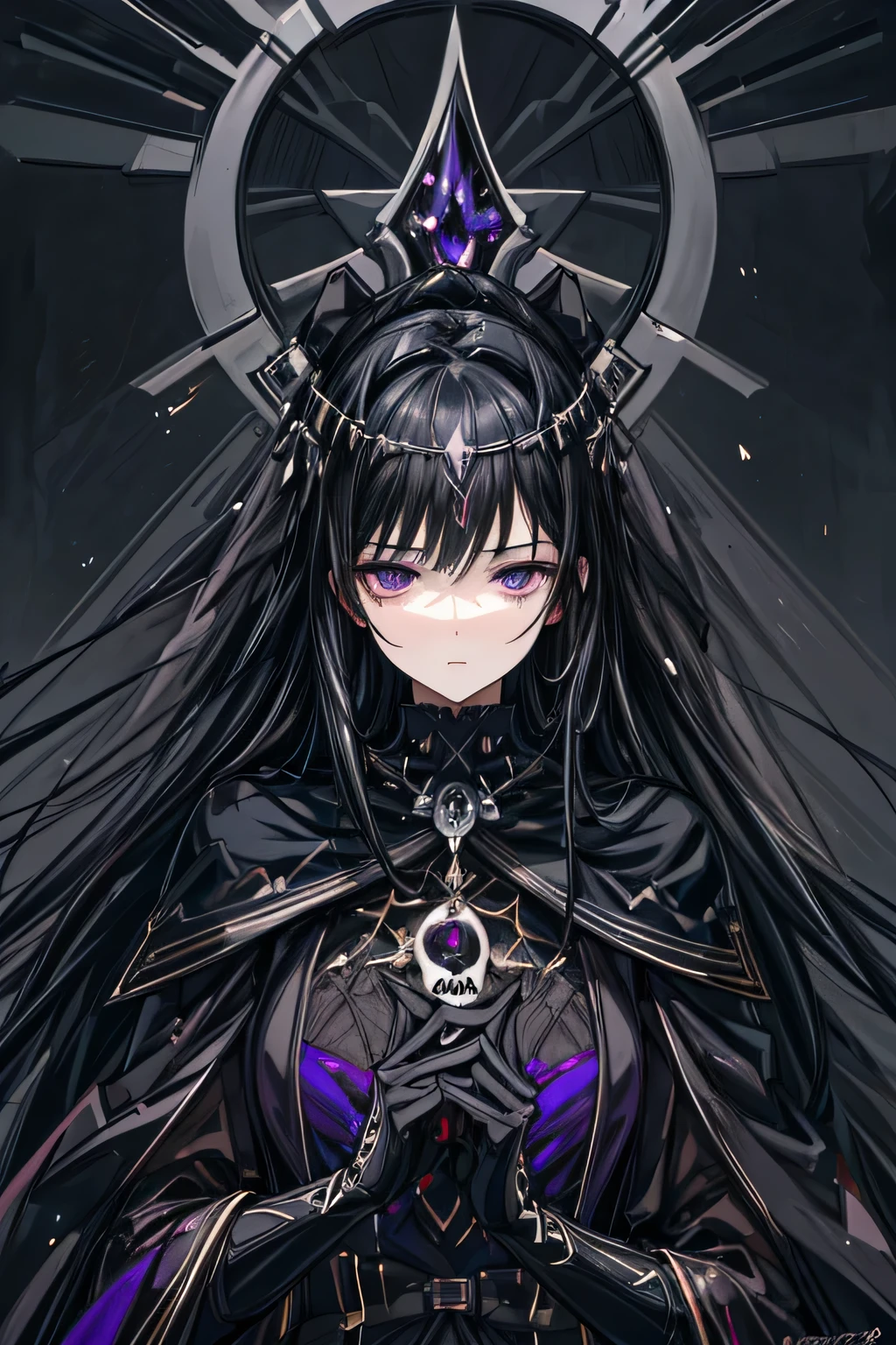 1girl, (masterpiece, best quality, ultra-detailed, realistic, photorealistic:1.37), expressive eyes, perfect face, long black hair, purple eyes, glowing eyes, (anime, dark fantasy), black veil, death magic, holding a skull, ethereal aura, moody lighting, dramatic shadows, cinematic composition, crypt,  