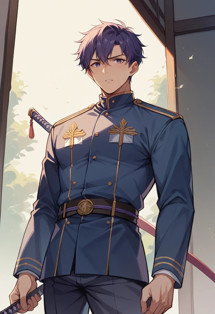 boy、Japanese sword、purple、cool、Short Hair、uniform、Downcast