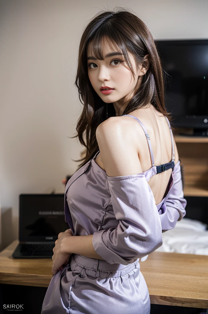 (best qualtiy,8k,32K,tmasterpiece,,realisticlying,The is very detailed, hyper HD:1.2),1girll, Female celebrities,Exquisitehands, a narrow waist,Purple top,Open jacket,office lady,Business suit,trouser,from back,office room,Office desk,(stick out buttocks:1.2),Cocked buttocks,Detailed face,short detailed hair,absurderes,Background bokeh, satin flowing pant, protruding beautiful wide hips