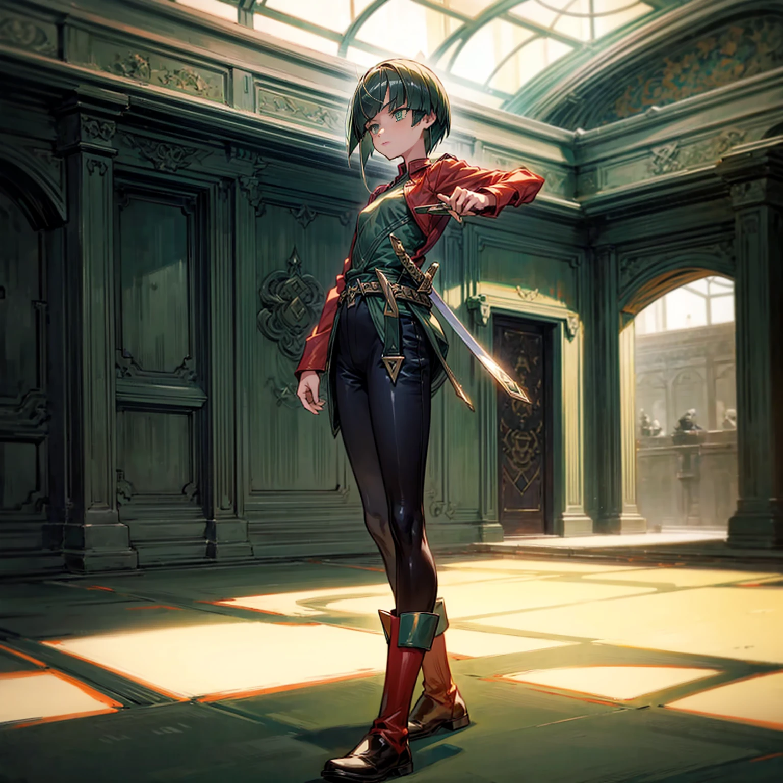 1girl, Full body version, 1character, green eyes, short haircut, green color hair, soldier style clothing, red colour clothing, boots, Grassroots, background indoor building city, motion blur, (detective conan style art), standing gesture, sword in hand