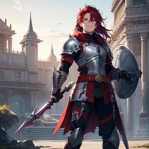 (best high quality image, very detailed graphics, very detailed textures, no deformed parts, no deformities, carefully detailed character, carefully detailed background and scenery, high quality textures, solo character alone)
{{(1character: 25 years old male barbarian red haired boy), (fair skin, purple eyes with black pupils, scarlet red spiky hair, scarlet red eyebrows, cheerful smile, brave demeanor, standing in attack pose, holding lance and shield), (grey knight light-armor, armored gauntlets, grey steel armored hips, grey steel long armored boots, golden dragon belt, red padded shirt under armor, red padded pants under armor, ((steel dragon lance), purple steel shield))), (elvish fountain park, midday sunny day)}}