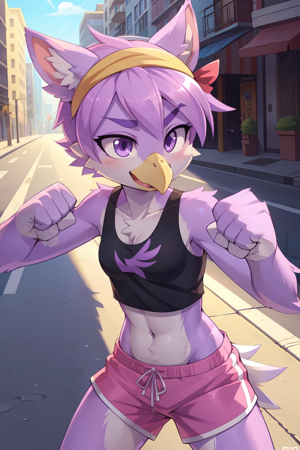 score_9,score_8_up,score_7_up, source_cartoon, source_furry, Furry girl, bird, yellow bird beak, lilac hair, short spiky hairstyle, short spiky ponytail, anime style, small breasts, purple eyes, big eyebrows, animal ears, ((yellow headband with ribbon, black tank top, midriff, nude)), high quality, detailed body, detailed eyes, detailed face, masterpiece, glistening body, detailed body fur, best quality, clear purple body fur, skinny, back avian wings, avian, detailed hands, perfect lighting, perfect shadows, perfect eyes, perfect hair, perfect face, gorgeous body, full body,  smirk, street, clear sky, werewolf with furry girl, sex from behind, torn tank top, aeghao, tongue out, saliva,