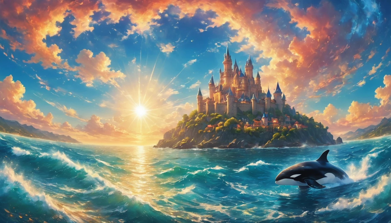 a digital paining of whale (flying over a castle: 1.3) in the middle of the sea, a giant whale an (epic killer whale: 1.3), (anatomically correct: 1.3) flying over a fantasy (castle at sea: 1.2), the castle is big with towers and turrets, its a wavy sea, its a sunny day, sun rays, Ultra-high resolution, High Contrast, (masterpiece:1.5), highest quality, Best aesthetics), 16K fantasy art, best details, best quality, highres, (ultra wide angle: 1.2), 16k, [ultra detailed], masterpiece, best quality, (extremely detailed),  magical sky, digital painting