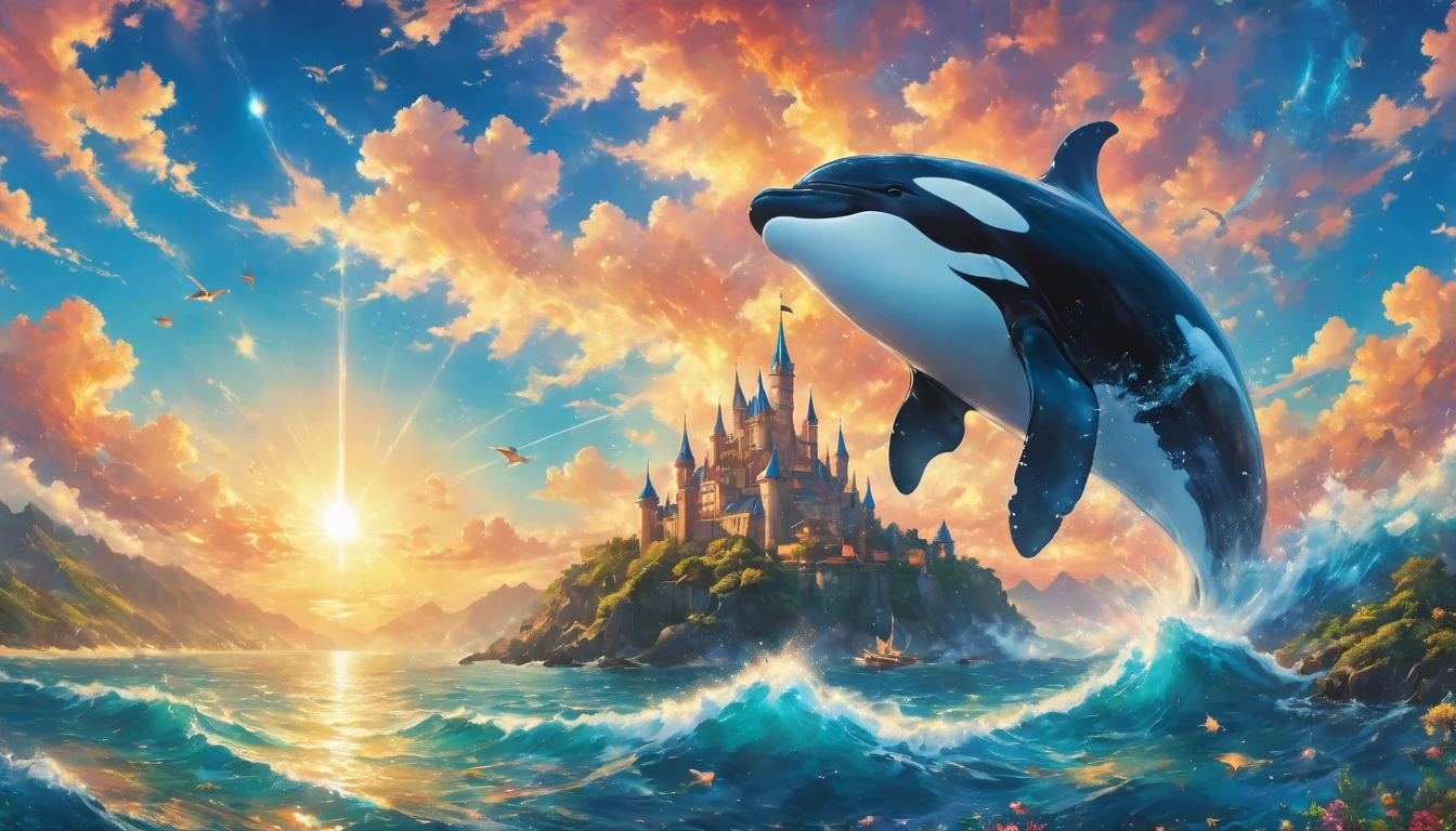 a digital paining of whale (flying over a castle: 1.3) in the middle of the sea, a giant whale an (epic killer whale: 1.3), (anatomically correct: 1.3) flying over a fantasy (castle at sea: 1.2), the castle is big with towers and turrets, its a wavy sea, its a sunny day, sun rays, Ultra-high resolution, High Contrast, (masterpiece:1.5), highest quality, Best aesthetics), 16K fantasy art, best details, best quality, highres, (ultra wide angle: 1.2), 16k, [ultra detailed], masterpiece, best quality, (extremely detailed),  magical sky, digital painting