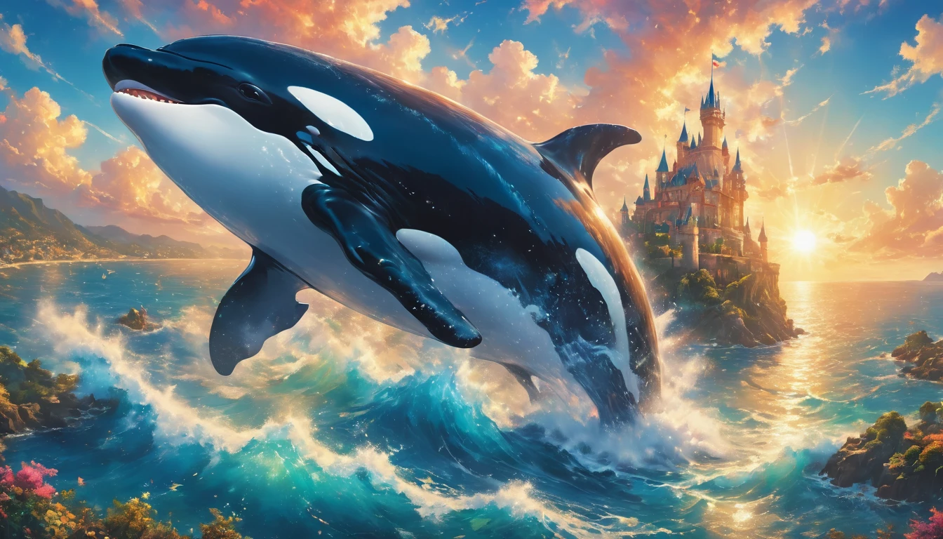 a digital paining of whale (flying over a castle: 1.3) in the middle of the sea, a giant whale an (epic killer whale: 1.3), (anatomically correct: 1.3) flying over a fantasy (castle at sea: 1.2), the castle is big with towers and turrets, its a wavy sea, its a sunny day, sun rays, Ultra-high resolution, High Contrast, (masterpiece:1.5), highest quality, Best aesthetics), 16K fantasy art, best details, best quality, highres, (ultra wide angle: 1.2), 16k, [ultra detailed], masterpiece, best quality, (extremely detailed),  magical sky, digital painting