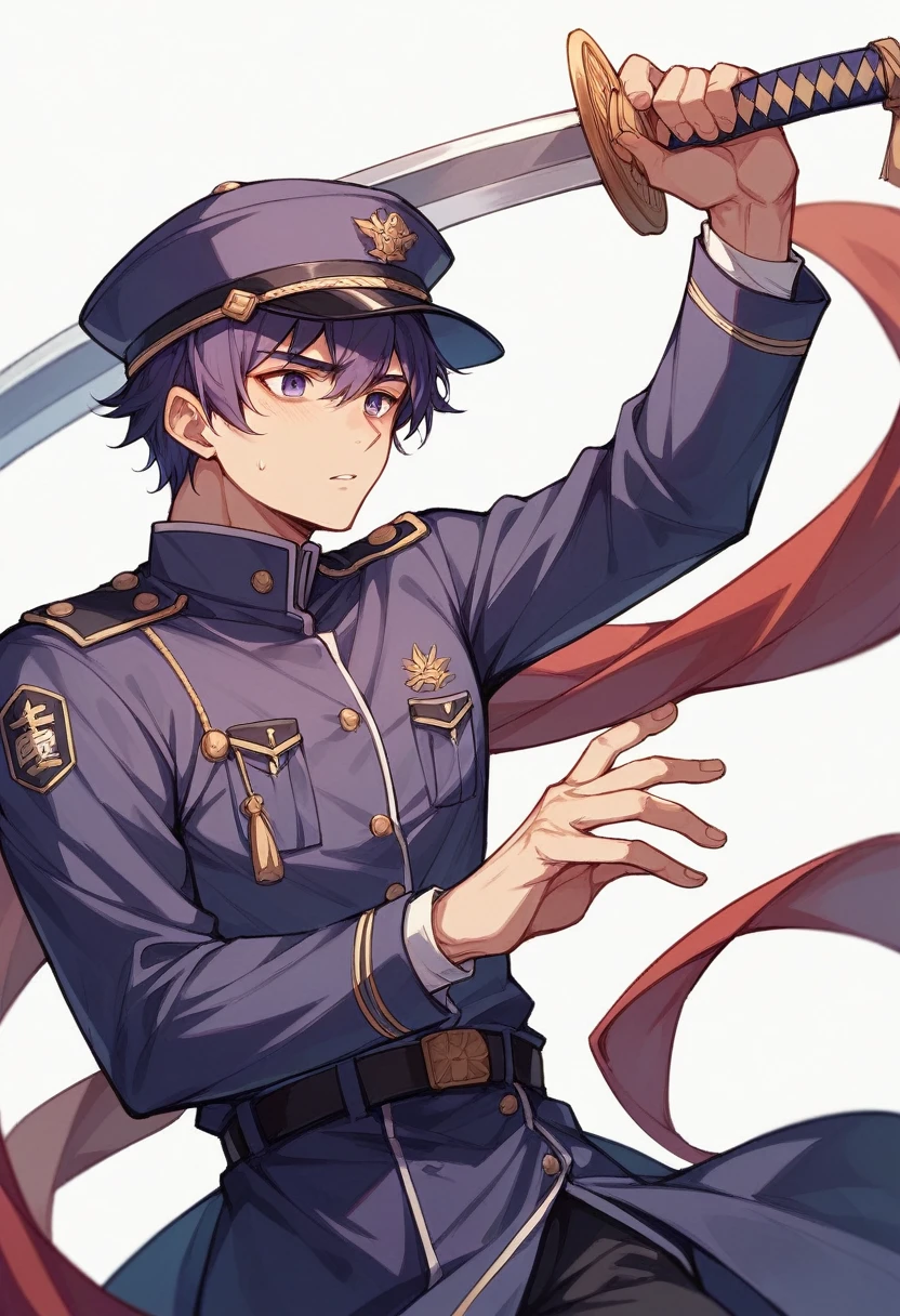 boy、Japanese sword、purple、cool、Short Hair、uniform、Downcast、hat