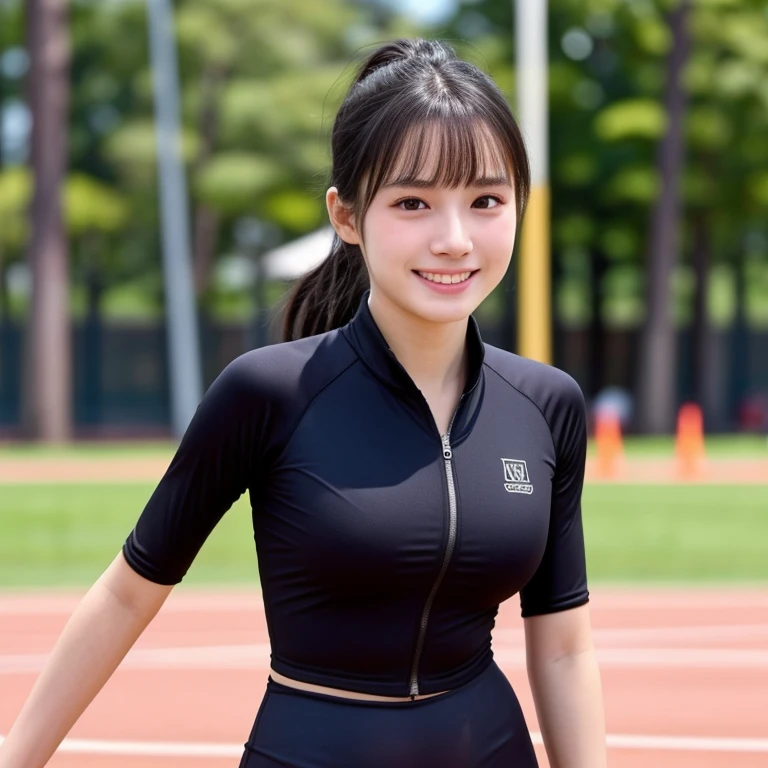 (kawaii 18 year-old Japanese girl, Nogizaka idol, Korean idol, track and field player), healthy female athlete body, (glossy black hair, high ponytail, bangs:1.2), beautiful black eyes, rounded face, single eyelid, (no makeup:1.2), (big laughing), (light pink track jacket, sports leggins:1.2), extra small breasts, BREAK, (park background, turf, summer, sunny daytime:1.2), (dynamic angle, bust shot:1.2), BREAK, (masterpiece, best quality, photo realistic, official art:1.4), (UHD, 8K quality wallpaper, high resolution, raw photo, golden ratio:1.3), (shiny skin), professional lighting, physically based rendering, award winning, (highly detailed skin texture, extremely detailed face and eyes textures), Carl Zeiss 300 mm F/2.8, depth of field, (1girl, solo),