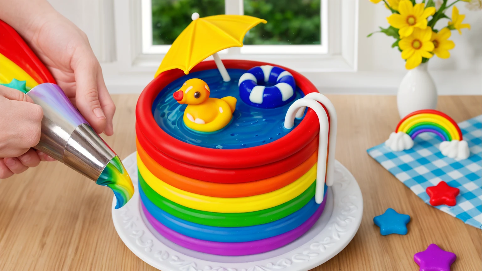 on a wooden table. there is a white plate with a rainbow cake in the form of a polymer clay pool, on the table there is a BLUE checkered tablecloth, there are STAR candies on the table next to them, ON THE TABLECLOTH IS A RAINBOW MADE OF POLYMER CLAY. against the background of the kitchen, against the background of the window,vase with Flowers, against the background of the window, bright lighting, Realistic style , realistic texture, detailed texture, a high resolution, high quality