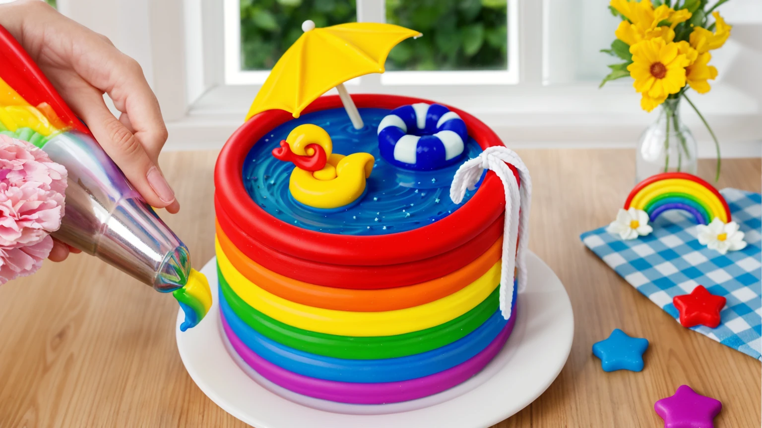 on a wooden table. there is a white plate with a rainbow cake in the form of a polymer clay pool, on the table there is a BLUE checkered tablecloth, there are STAR candies on the table next to them, ON THE TABLECLOTH IS A RAINBOW MADE OF POLYMER CLAY. against the background of the kitchen, against the background of the window,vase with Flowers, against the background of the window, bright lighting, Realistic style , realistic texture, detailed texture, a high resolution, high quality
