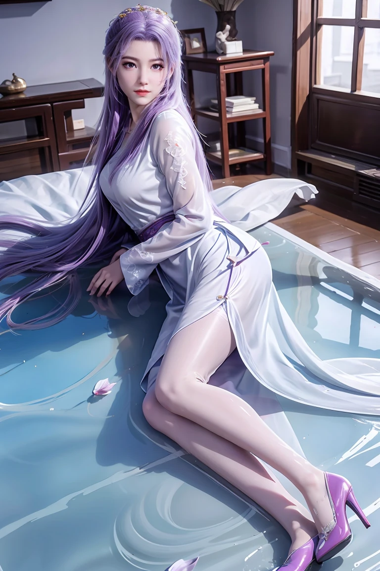 Chinese purple cheongsam，Long legs，In the bedroom，full-body shot，Wearing purple high heels，Lying in the water