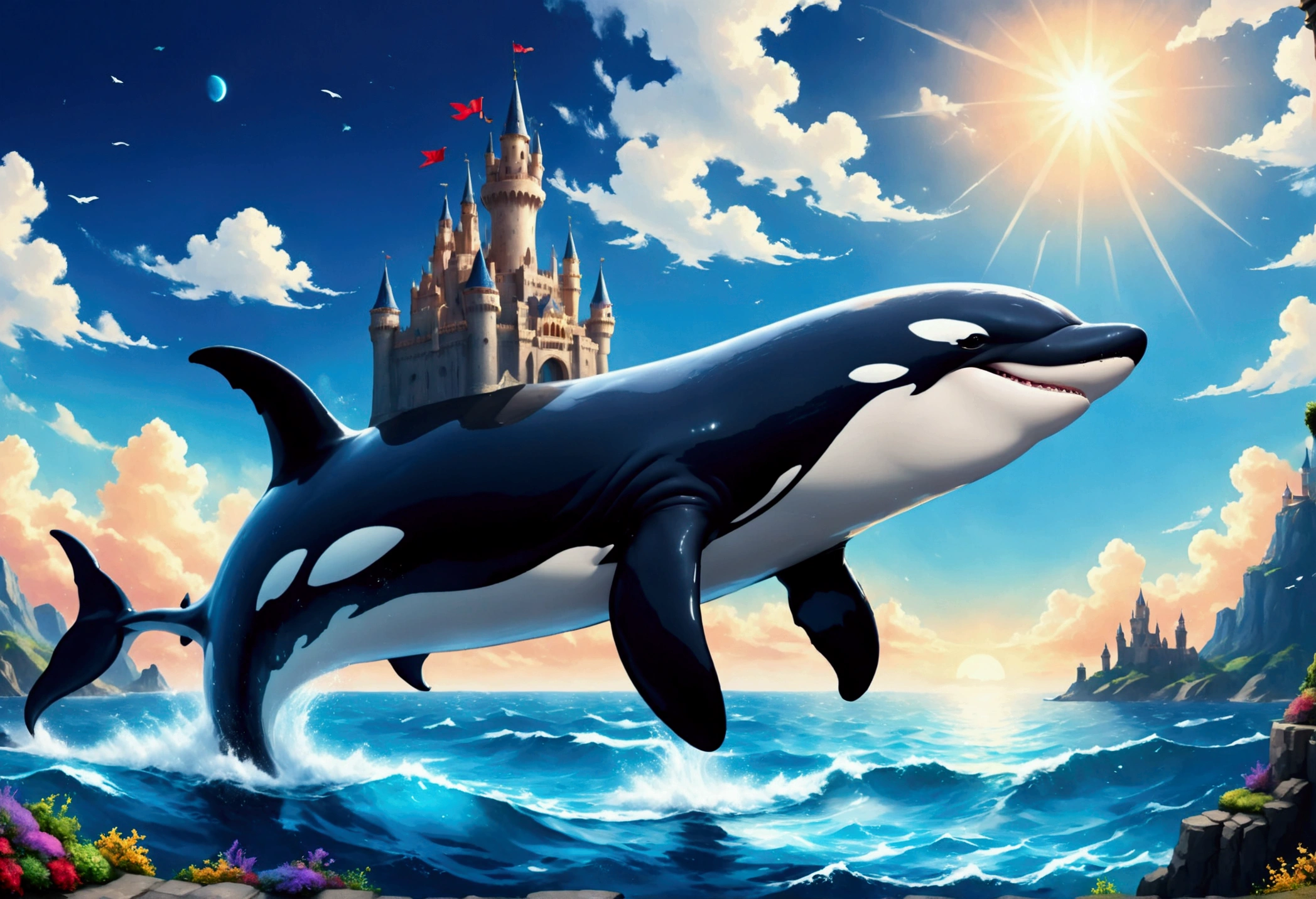 a digital paining of whale (flying over a castle: 1.3) in the middle of the sea, a giant whale an (epic killer whale: 1.3), (anatomically correct: 1.3) flying over a fantasy (castle at sea: 1.2), the castle is big with towers and turrets, its a wavy sea, its a sunny day, sun rays, Ultra-high resolution, High Contrast, (masterpiece:1.5), highest quality, Best aesthetics), 16K fantasy art, best details, best quality, highres, (ultra wide angle: 1.2), 16k, [ultra detailed], masterpiece, best quality, (extremely detailed),  magical sky, digital painting