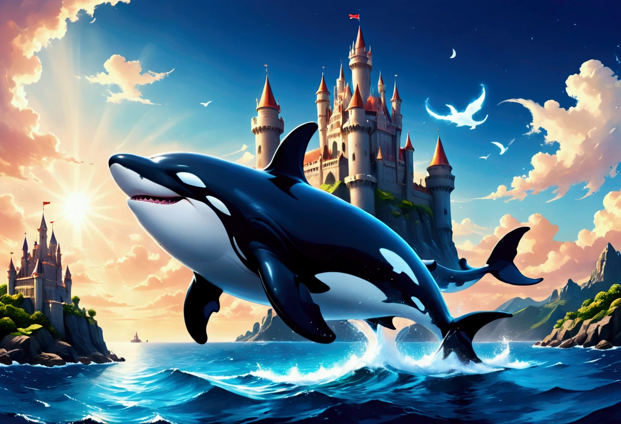 a digital paining of whale (flying over a castle: 1.3) in the middle of the sea, a giant whale an (epic killer whale: 1.3), (anatomically correct: 1.3) flying over a fantasy (castle at sea: 1.2), the castle is big with towers and turrets, its a wavy sea, its a sunny day, sun rays, Ultra-high resolution, High Contrast, (masterpiece:1.5), highest quality, Best aesthetics), 16K fantasy art, best details, best quality, highres, (ultra wide angle: 1.2), 16k, [ultra detailed], masterpiece, best quality, (extremely detailed),  magical sky, digital painting