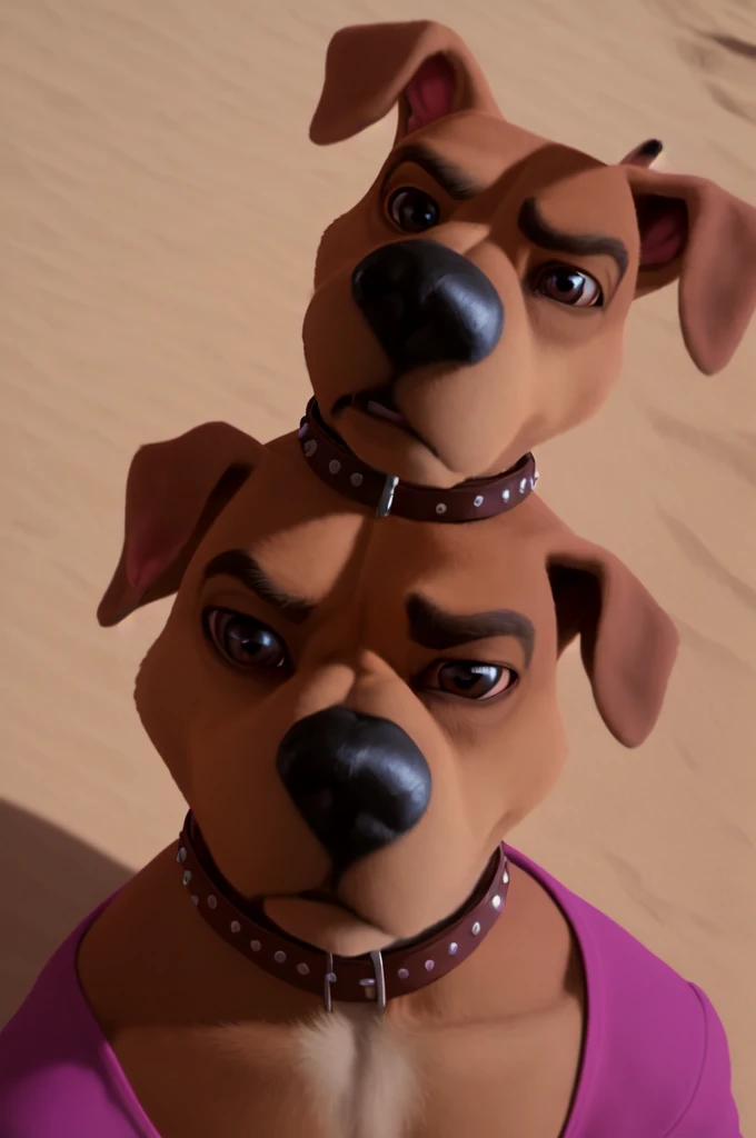 scrappydoo, solo anthro, male, collar only, angry bust portrait, desert background, high-angle view detailed realistic photorealism
