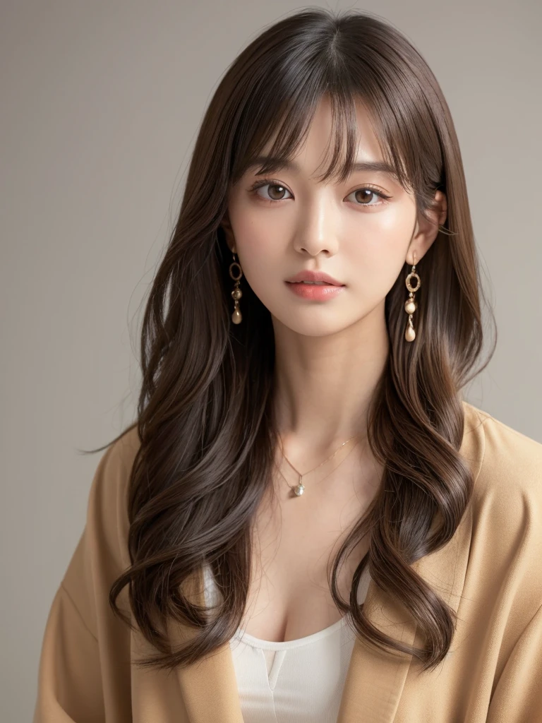 ((Highest quality, 8k, masterpiece:1.3)), concentrate: 1.2, Perfect body beauty: 1.4, Hips: 1.2, ((Long Hair, chest: 1.2)), (Dry clothes: 1.1) , (clear, Simple Background:1.3), Simple clothes: 1.1, Highly detailed face and skin texture,Delicate eyes, double eyelid, Whitened skin, Rough skin、Long Hair、Earrings with bangs、necklace、 solo、Beige coat、White shirt, (((Beautiful girl with cute Japan)))、 ((Beautiful Japanese girl 20 years old))、 ((Baby Face))、 (((Slender body)))、 Upper Body,Face focus、necklace,Simple Background,From above, Realistic Hair、 A photograph was taken:Canon EOS R6、135mm、1/1250 seconds、f2.8、ISO400、(Detailed explanation of the hand)、(Masseter muscle area)、(Exquisite CG)、Long Hair, loose and curly hair、Korean Hair、Long Hair明るいベージュ色、グラデーションハイライトグレージュのゆるふわLong Hairスタイル、