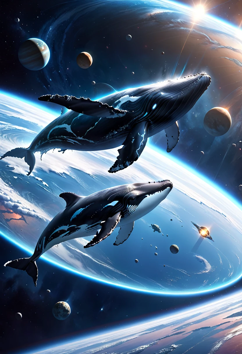 ((Masterpiece, top quality, high resolution)), ((highly detailed CG unified 8K wallpaper)), A huge whale is swimming in space, this whale is flying away from its home planet to a new planet,