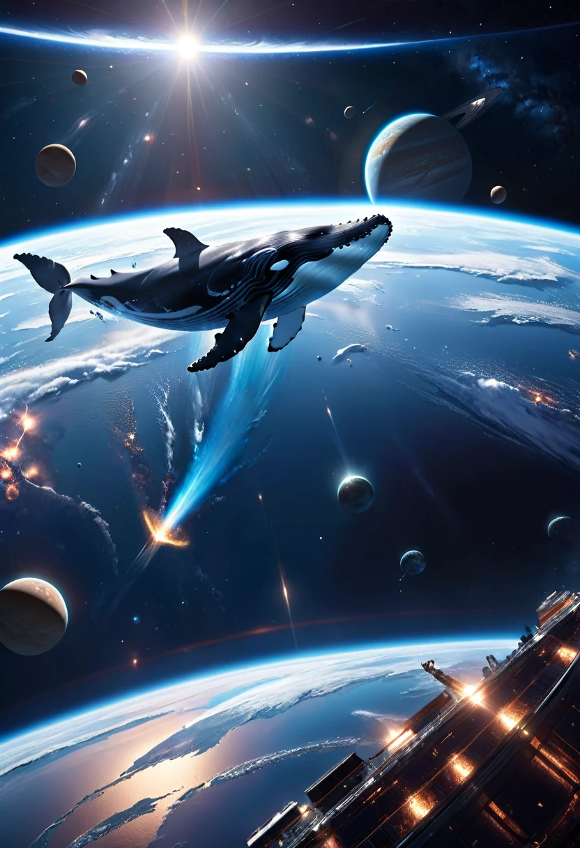 ((Masterpiece, top quality, high resolution)), ((highly detailed CG unified 8K wallpaper)), A huge whale is swimming in space, this whale is flying away from its home planet to a new planet,