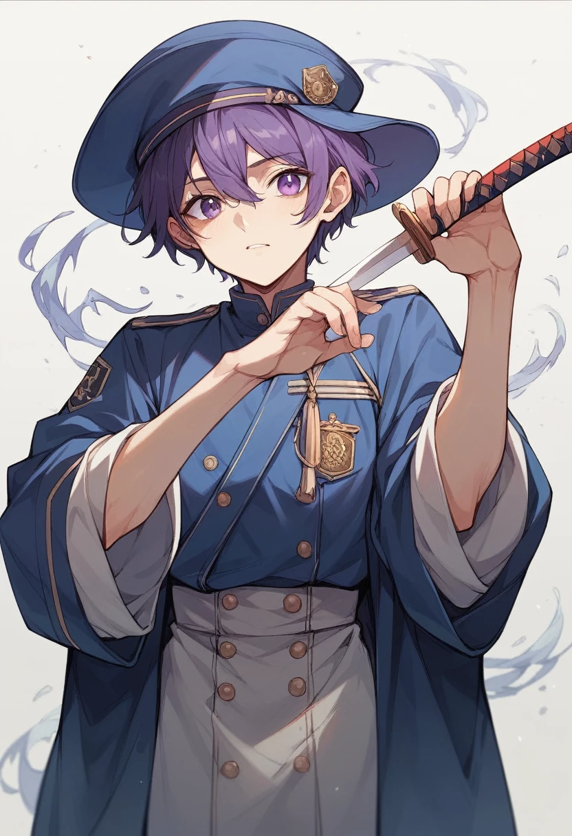 youth、Holding a Japanese sword、purple、cool、Short Hair、uniform、Downcast、hat