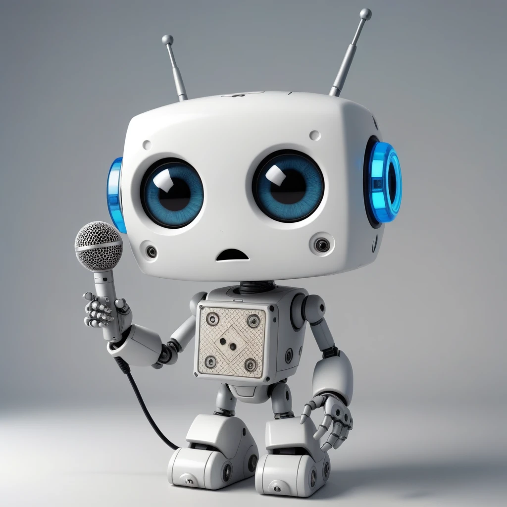 「Lost in the digital world」、A cartoon-style robot with a dice motif,Big eyes,antenna,Blank electronic display panel on chest、Holding the microphone close to his mouth while speaking、Close ~ eyes、Close your mouth