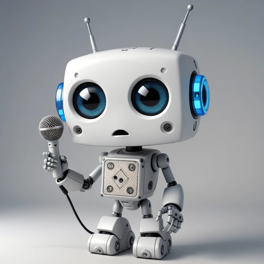 「Lost in the digital world」、A cartoon-style robot with a dice motif,Big eyes,antenna,Blank electronic display panel on chest、Holding the microphone close to his mouth while speaking、Close ~ eyes、Close your mouth