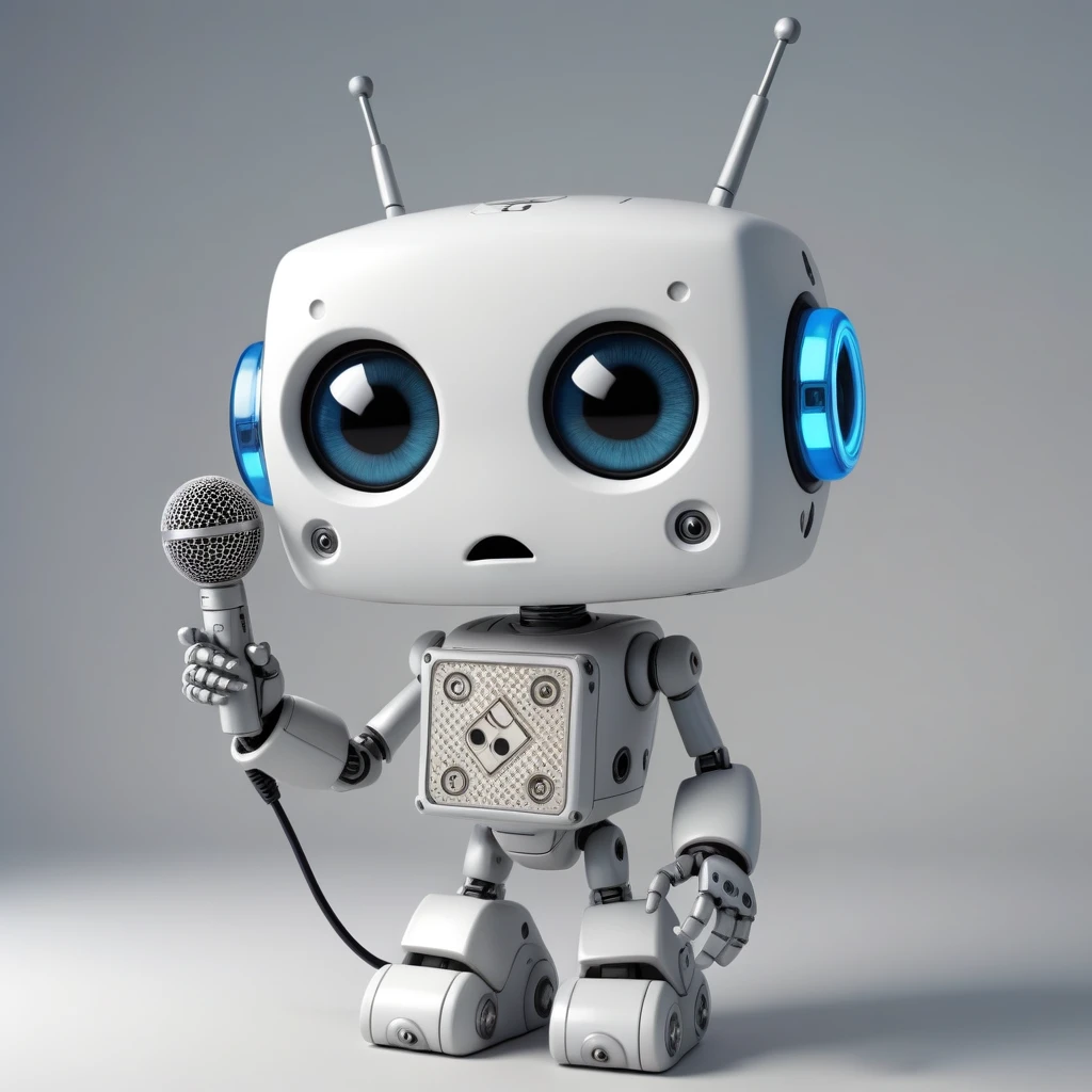 「Lost in the digital world」、A cartoon-style robot with a dice motif,Big eyes,antenna,Blank electronic display panel on chest、Holding the microphone close to his mouth while speaking、Close ~ eyes、Close your mouth