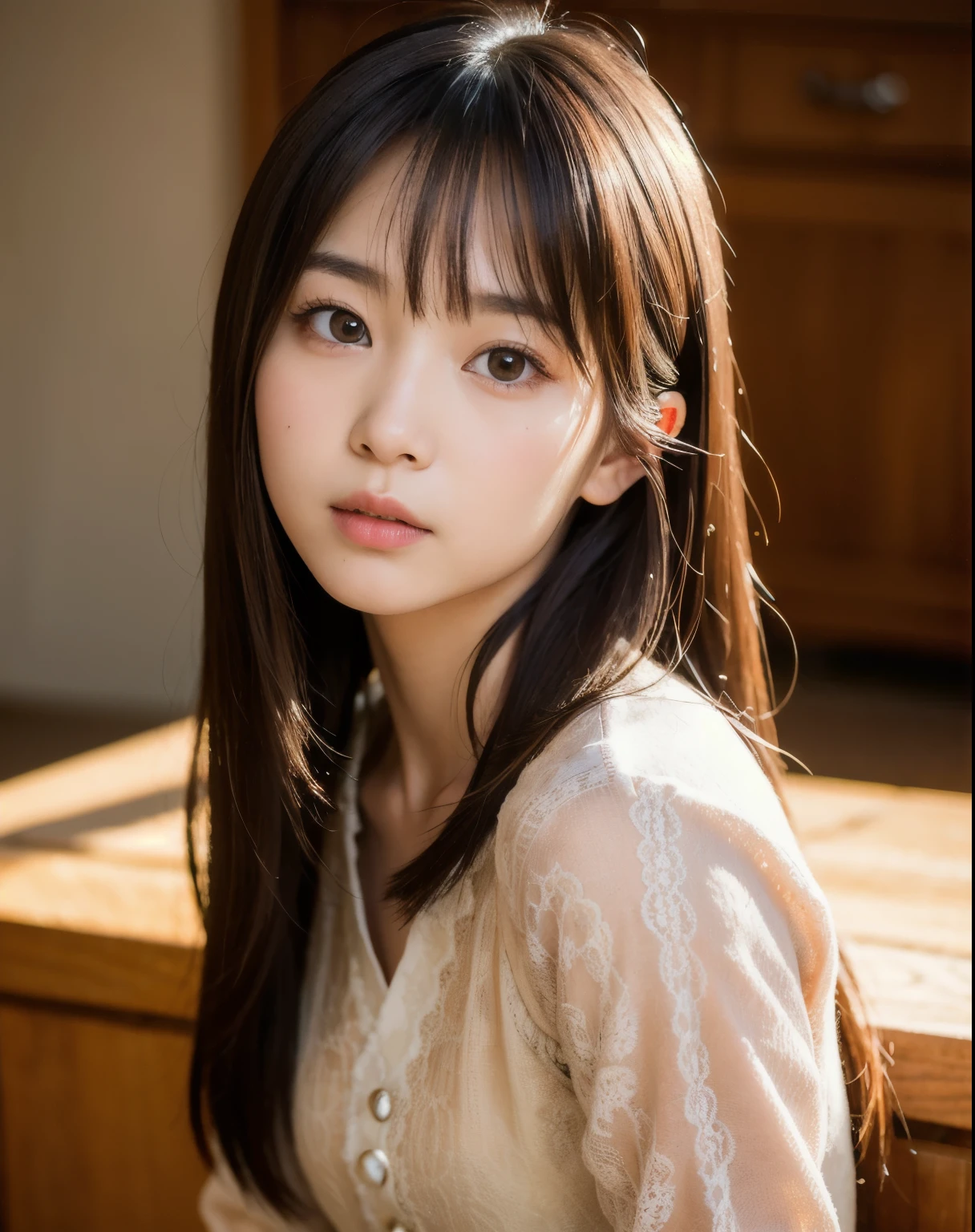 Highest quality, Face Focus, Soft Light, Ultra-high resolution, (Realistic:1.4), RAW Photos,
1 Japanese girl, alone, cute, (pupil, Light in your eyes), Beautiful face in every detail, (Small box),(High resolution detail of human skin texture),
(Long Hair),
indoor,
Damask Shirt Dress,
(Portraiture)