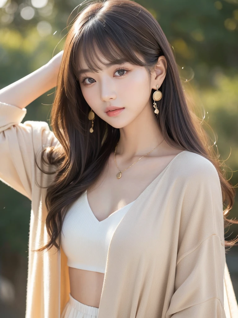 ((Highest quality, 8k, masterpiece:1.3)), concentrate: 1.2, Perfect body beauty: 1.4, Hips: 1.2, ((Long Hair, chest: 1.2)), (Dry clothes: 1.1) , (clear, Simple Background:1.3), Simple clothes: 1.1, Highly detailed face and skin texture,Delicate eyes, double eyelid, Whitened skin, Rough skin、Long Hair、Earrings with bangs、necklace、 solo、Beige coat、White shirt, (((Beautiful girl with cute Japan)))、 ((Beautiful Japanese girl 20 years old))、 ((Baby Face))、 (((Slender body)))、 Upper Body,Face focus、necklace,Simple Background,From above, Realistic Hair、 A photograph was taken:Canon EOS R6、135mm、1/1250 seconds、f2.8、ISO400、(Detailed explanation of the hand)、(Masseter muscle area)、(Exquisite CG)、Long Hair, loose and curly hair、Korean Hair、Long Hair明るいベージュ色、グラデーションハイライトグレージュのゆるふわLong Hairスタイル、