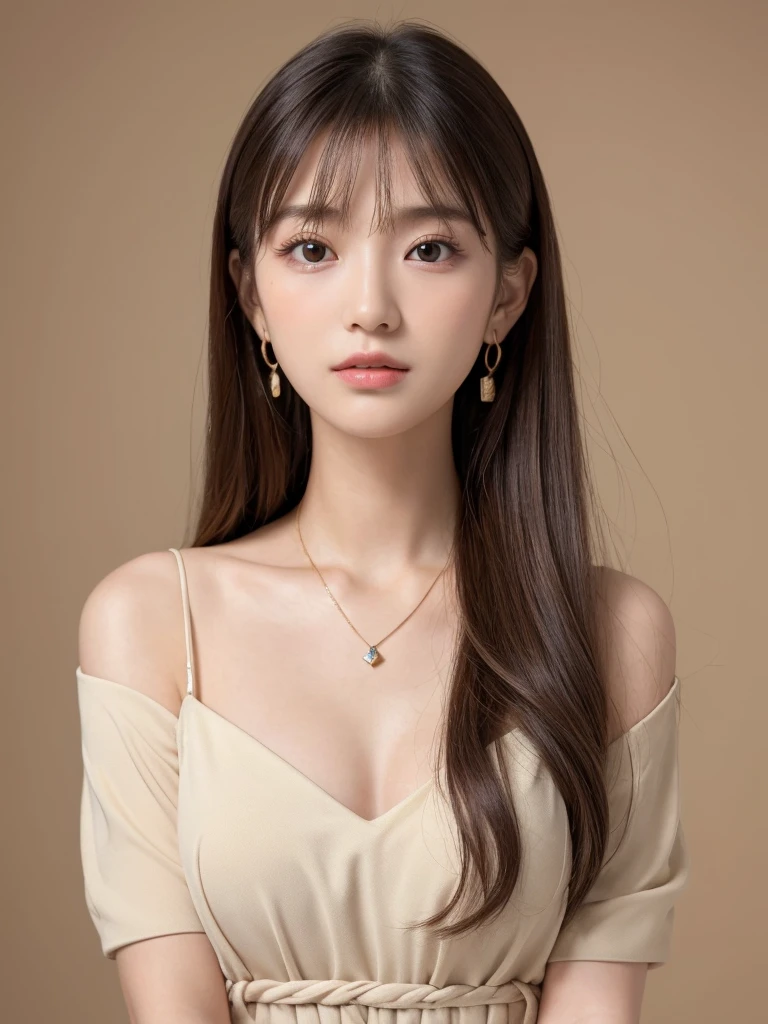 ((Highest quality, 8k, masterpiece:1.3)), concentrate: 1.2, Perfect body beauty: 1.4, Hips: 1.2, ((Long Hair, chest: 1.2)), (Dry clothes: 1.1) , (clear, Simple Background:1.3), Simple clothes: 1.1, Highly detailed face and skin texture,Delicate eyes, double eyelid, Whitened skin, Rough skin、Long Hair、Earrings with bangs、necklace、 solo、Beige coat、White shirt, (((Beautiful girl with cute Japan)))、 ((Beautiful Japanese girl 20 years old))、 ((Baby Face))、 (((Slender body)))、 Upper Body,Face focus、necklace,Simple Background,From above, Realistic Hair、 A photograph was taken:Canon EOS R6、135mm、1/1250 seconds、f2.8、ISO400、(Detailed explanation of the hand)、(Masseter muscle area)、(Exquisite CG)、Long Hair, loose and curly hair、Korean Hair、Long Hair明るいベージュ色、グラデーションハイライトグレージュのゆるふわLong Hairスタイル、