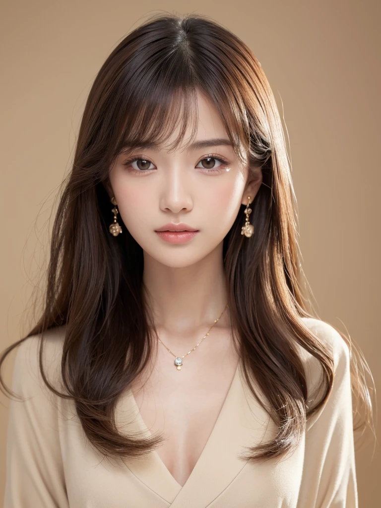 ((Highest quality, 8k, masterpiece:1.3)), concentrate: 1.2, Perfect body beauty: 1.4, Hips: 1.2, ((Long Hair, chest: 1.2)), (Dry clothes: 1.1) , (clear, Simple Background:1.3), Simple clothes: 1.1, Highly detailed face and skin texture,Delicate eyes, double eyelid, Whitened skin, Rough skin、Long Hair、Earrings with bangs、necklace、 solo、Beige coat、White shirt, (((Beautiful girl with cute Japan)))、 ((Beautiful Japanese girl 20 years old))、 ((Baby Face))、 (((Slender body)))、 Upper Body,Face focus、necklace,Simple Background,From above, Realistic Hair、 A photograph was taken:Canon EOS R6、135mm、1/1250 seconds、f2.8、ISO400、(Detailed explanation of the hand)、(Masseter muscle area)、(Exquisite CG)、Long Hair, loose and curly hair、Korean Hair、Long Hair明るいベージュ色、グラデーションハイライトグレージュのゆるふわLong Hairスタイル、