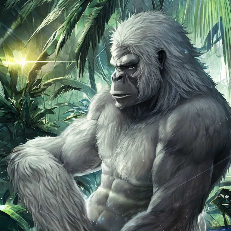 A gorilla with silvery white fur,god獣,god々Shii,Dazzling Light,god秘的な雰囲気,The background is the ruins of a jungle,High-definition, detailed depiction,素晴らShii最高傑作.