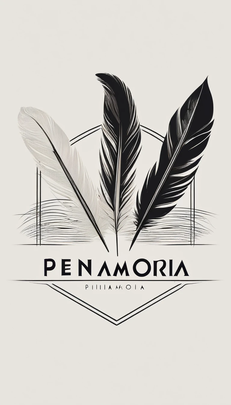 A minimal, modern, simple, cinematic logo design for the brand “Penamemoria". Create a modern, minimalistic, high-quality, white logo of a simple, fantastic, hipnotic, dreamy, artistic feather that symbolizes dreams, stories and memories