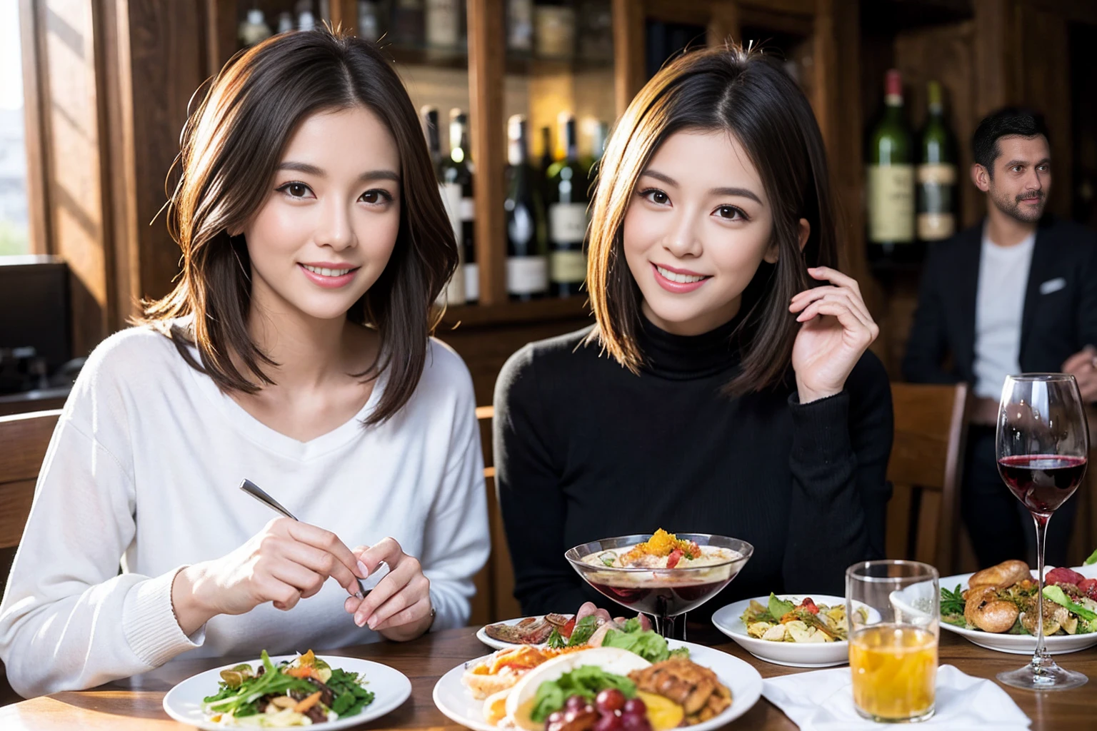 （Realistic:1.1）,(masterpiece,Highest quality)，8k,(37 years old), 42 years old, slimカップル、Model Couple、Actress/Actor、Tight waist,Upper Body,full-course dinner、wine 、Amazing view of the sunset sky and clouds、Perfect Anatomy, Brown Hair, Short Hair,Random Hairstyles,((Highly detailed face and eyes:1.2))(cute顔:1.4)，Beautiful actress face，Perfect golden ratio face，Long sleeve shirt、dress,(smile:1.2)、Shortcuts、cute、(Realistic, Intricate details:1.2), A bright smile、short hair,Bright Face、赤wine 、Appetizers、Italian food、wine bottle、Champagne、スパークリングwine、(slimな顔), (The body is slim), (Brown Hair), (Shortcuts),  Upper Body, 白wine, slim, wineグラス, 