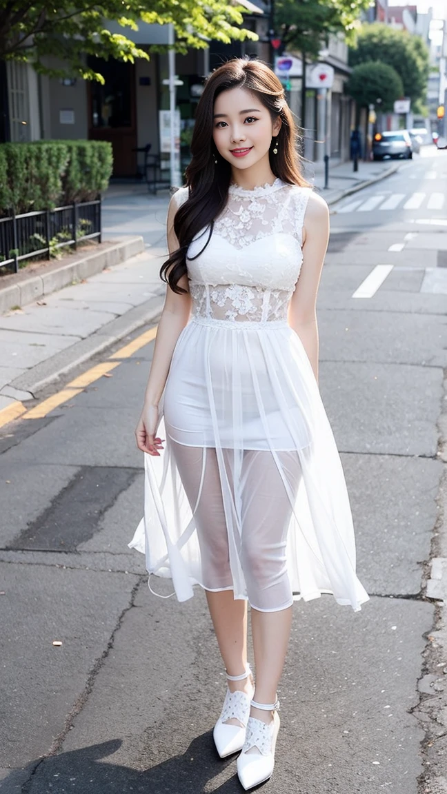 1girl, solo, long hair, looking at viewer, smile, brown hair, dress, brown eyes, standing, full body, outdoors, parted lips, shoes, sleeveless, day, white dress, lips, white footwear, realistic, road, street