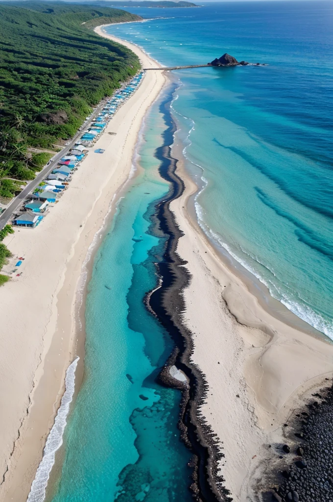 Create image with small beach and blue clean water and black sand