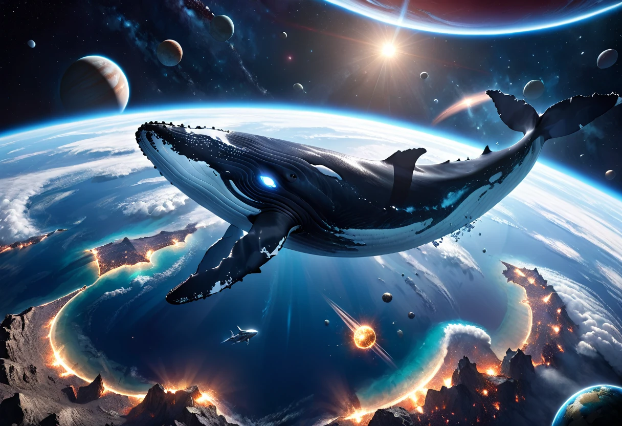 ((Masterpiece, top quality, high resolution)), ((highly detailed CG unified 8K wallpaper)), A huge whale is swimming in space, this whale is flying away from its home planet to a new planet,