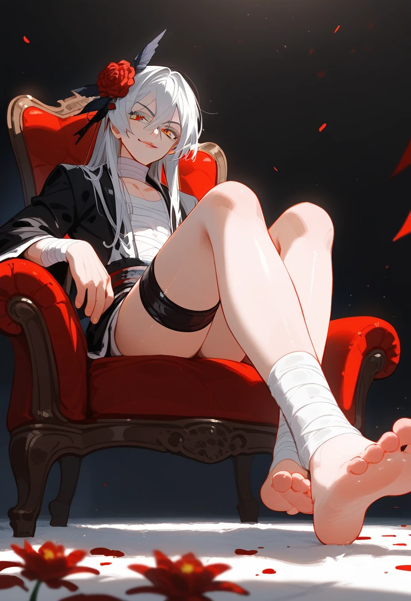 score_9, score_8_up,score_7_up, BREAK, 1boy, solo, Best Quality, Masterpiece, ultra high resolution, a boy, solo, sitting in an armchair, bare legs, barefoot, barefoot, soles of feet visible, View from below, sitting in an armchair, with a dark bloody room in the background , View from below, smile, masterpiece, best quality, Cinematic, Fancy effects, Intricate details, white hair, long hair, shiny hair, shiny skin, detailed eyes, hd eyes, beautiful eyes, gothic, hair between eyes, layered clothes, yellow eyes, looking at viewer, highly detailed eyes, dramatic lighting, fluffy hair, dark magic background, shadow background, crimson background, cat eyes, smug face, eyelashes, white eyelashes, hair flower, red flowers in hair, kimono, collarbone, manly body, shiny feet, bandaged neck, bandaged legs, bandaged, wonded, red flowers background, bloody lips, blood on lips, smirk, thigh strap, thighhighs, black thighhighs,