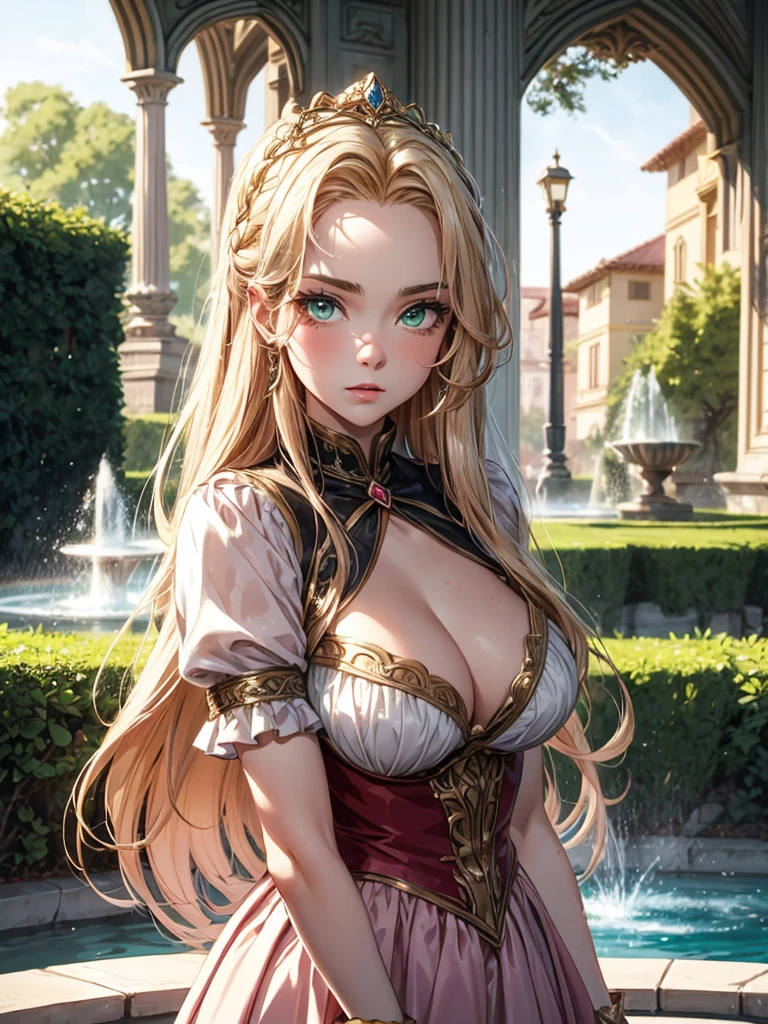 Fantasy, Palace Gardens, Fountains, German appearance, rapunzel, Girl 23 years old, with long golden hair, in a light pink 16th century princess dress., Green eyes, expressive breasts, face looks like Florence Pugh. HD
sultry look, seductive,